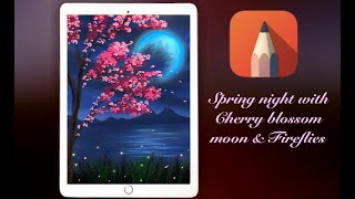 Autodesk Sketchbook - Draw aesthetic Spring Night with cherry Blossom , Moon & fireFlies #lofi #calm screenshot 3