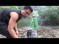 Primitive technology  survival skills finding natural food and cooking in bamboo  eating delicious