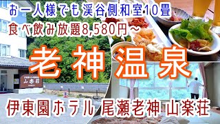 群馬【老神温泉】お一人様でも渓谷側10畳和室・飲み放題付バイキング！「伊東園ホテル尾瀬老神山楽荘」に宿泊