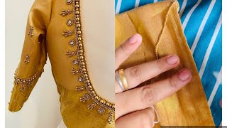 Aari work on stitched / readymade golden color blouse with normal needle | old blouse transformation