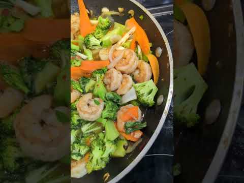 Shrimp with backyard farm broccoli and bok choy