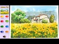 Sunflower Field - Landscape Watercolor (sketch & color name view, material introduce) NAMIL ART