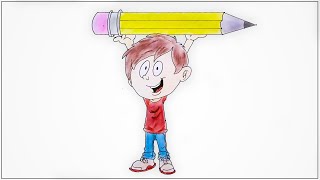 How to draw a Cartoon boy holding a big pencil  step by step