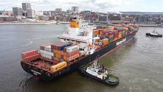 Nice Aerial 4K Views! Container Ship DUBLIN EXPRESS Departing Saint John, NB - Three Tugs