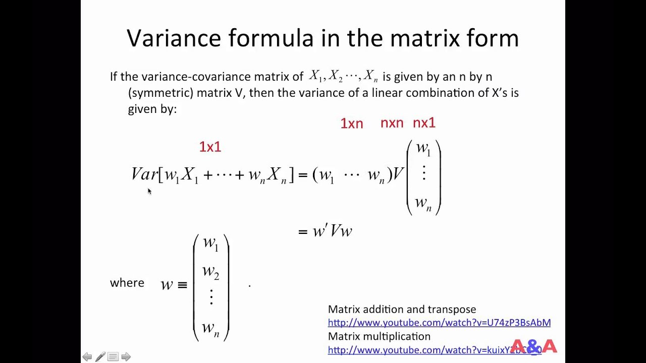 Variance formula in the matrix form