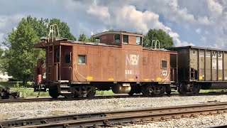 Coal Train With Red Caboose In Kenova West Virginia. 4 Trains On CSX & Norfolk Southern