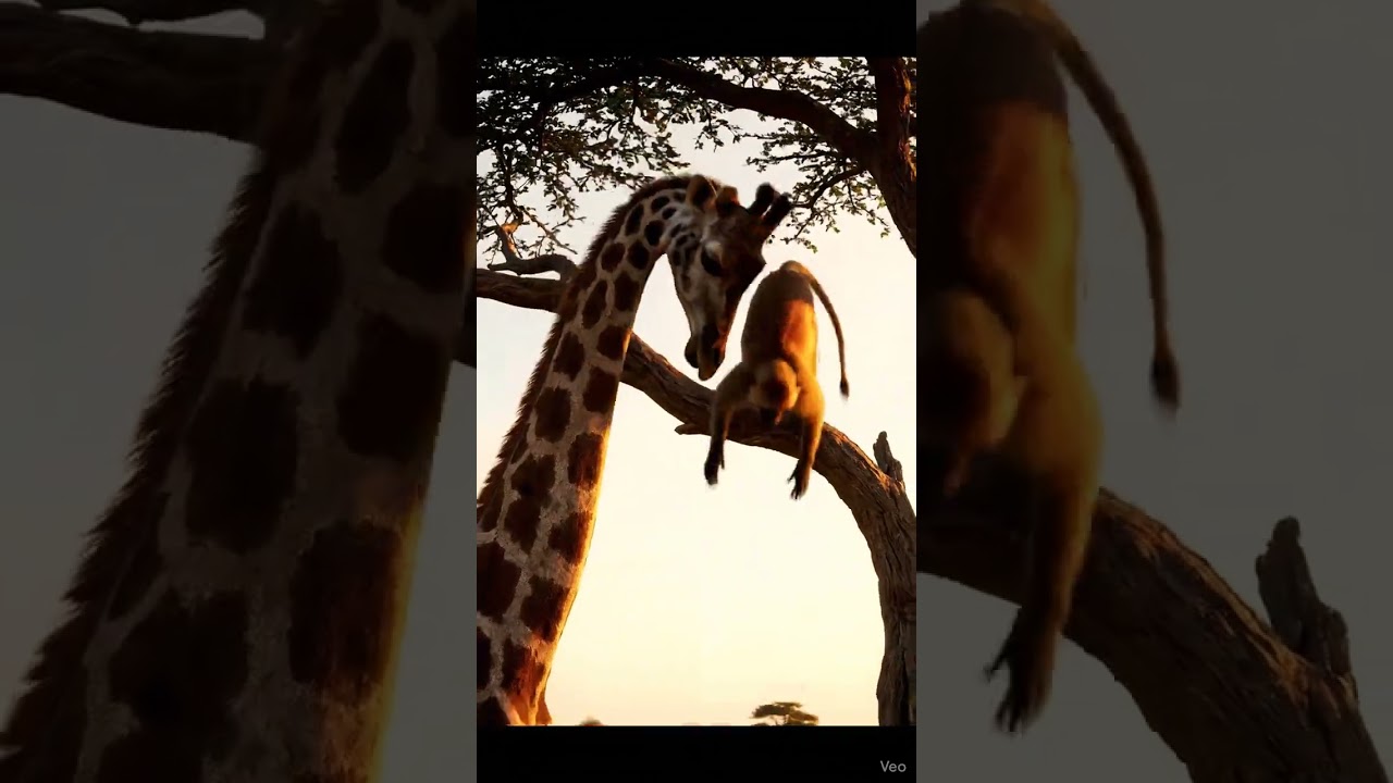Giraffe Knocks Monkey from Tree | Ultra-Realistic AI Wildlife Scene 