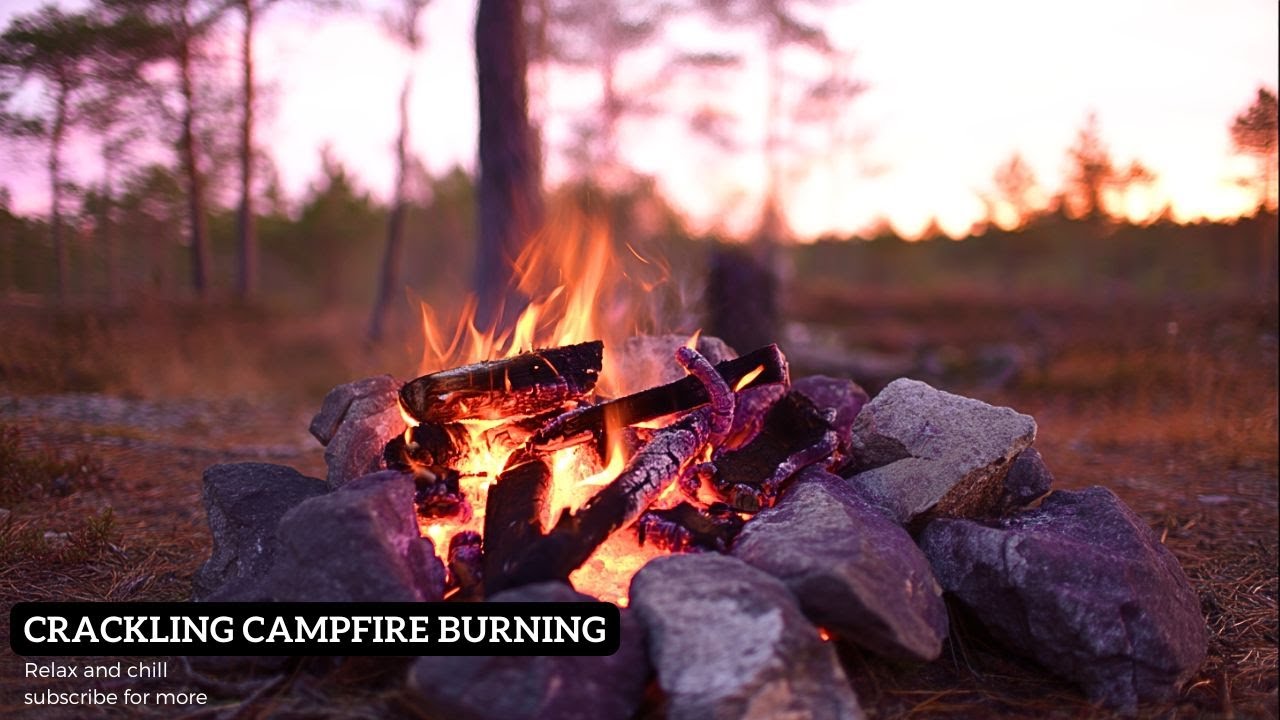 Twilight Campfire Surrounded by Stones with Fading Sunlight and Soft Flames - Tranquil Nature ASMR