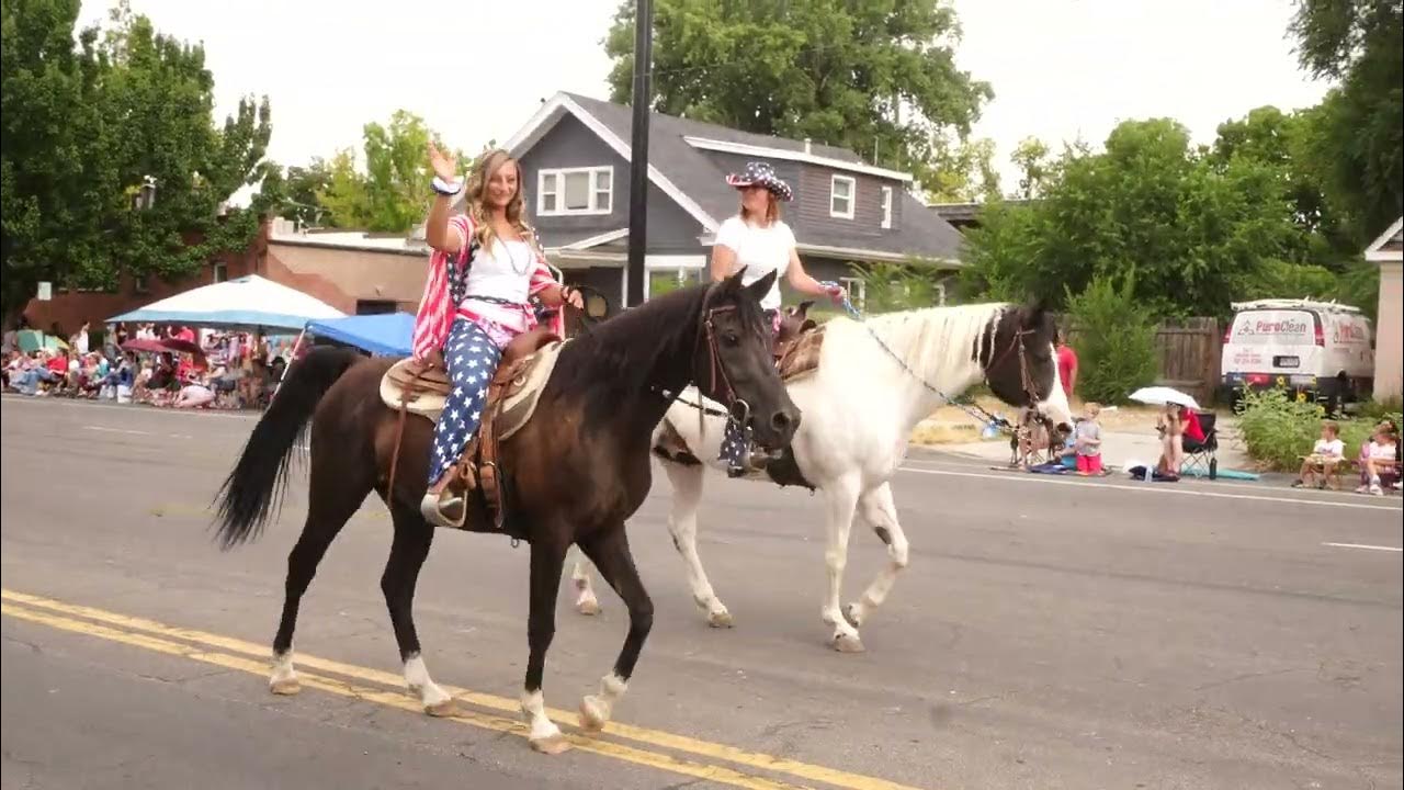 Patriotic gals on horseback, Pioneer Day Parade, Salt Lake City, Utah