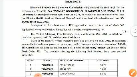 Final result for the post of Laboratory Assistant Post Code-778 (New) (Date: 17 May 2021)