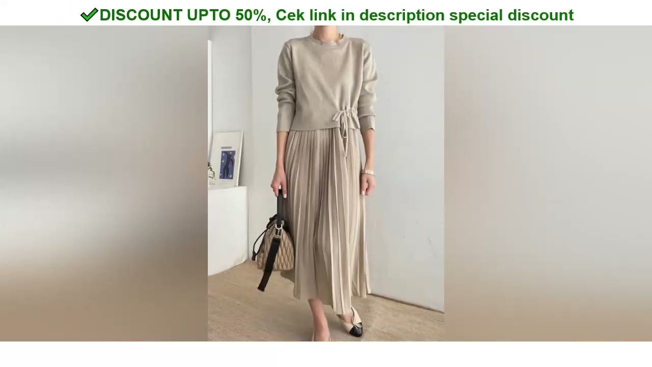 Review Round Neck Casual Knit Sweater Top Vintage Autumn 2025 Pleated Camisole Dress Robe Femme P