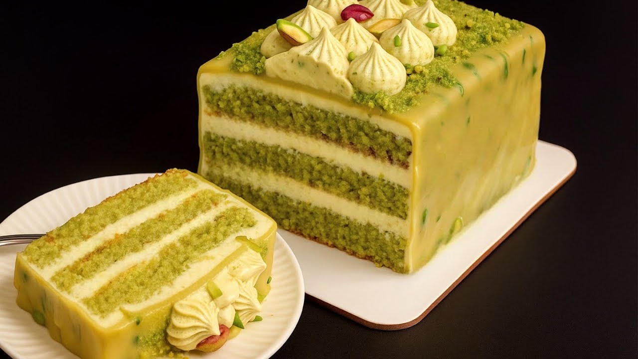 Влажный фисташковый кремовый торт | Элегантный фисташковый десерт с глазурью из белого шоколада!