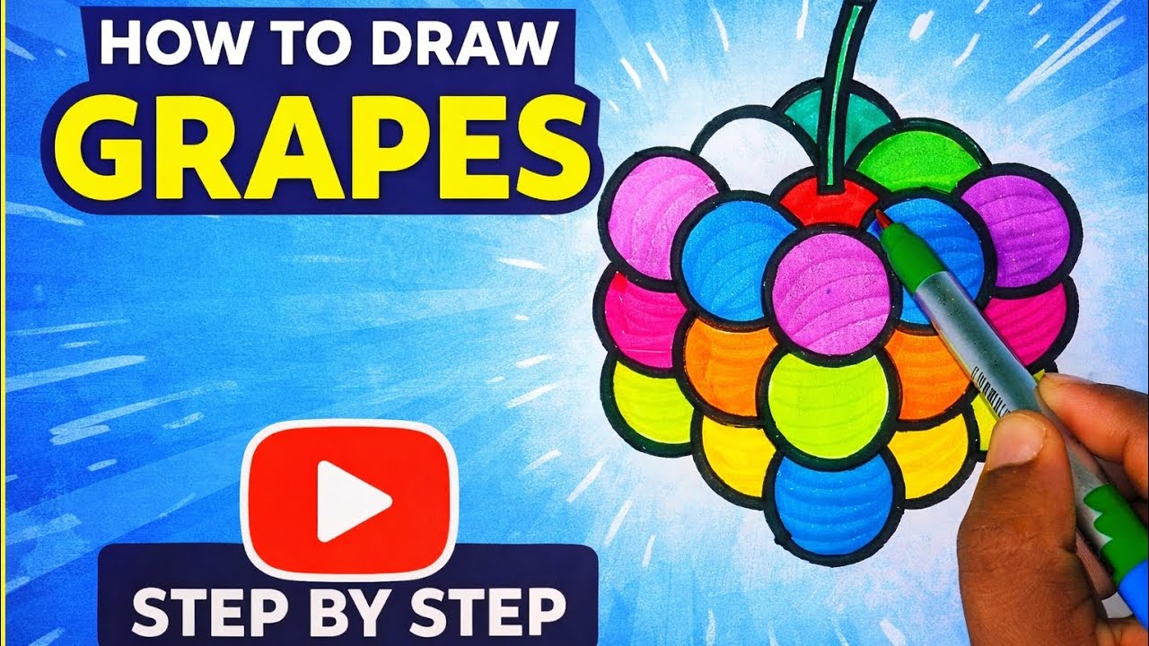 Easy Grapes Drawing Tutorial | Step by Step Colouring