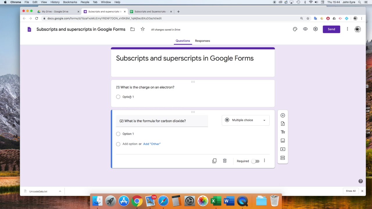 How to enter subscripts and superscripts in Google Forms