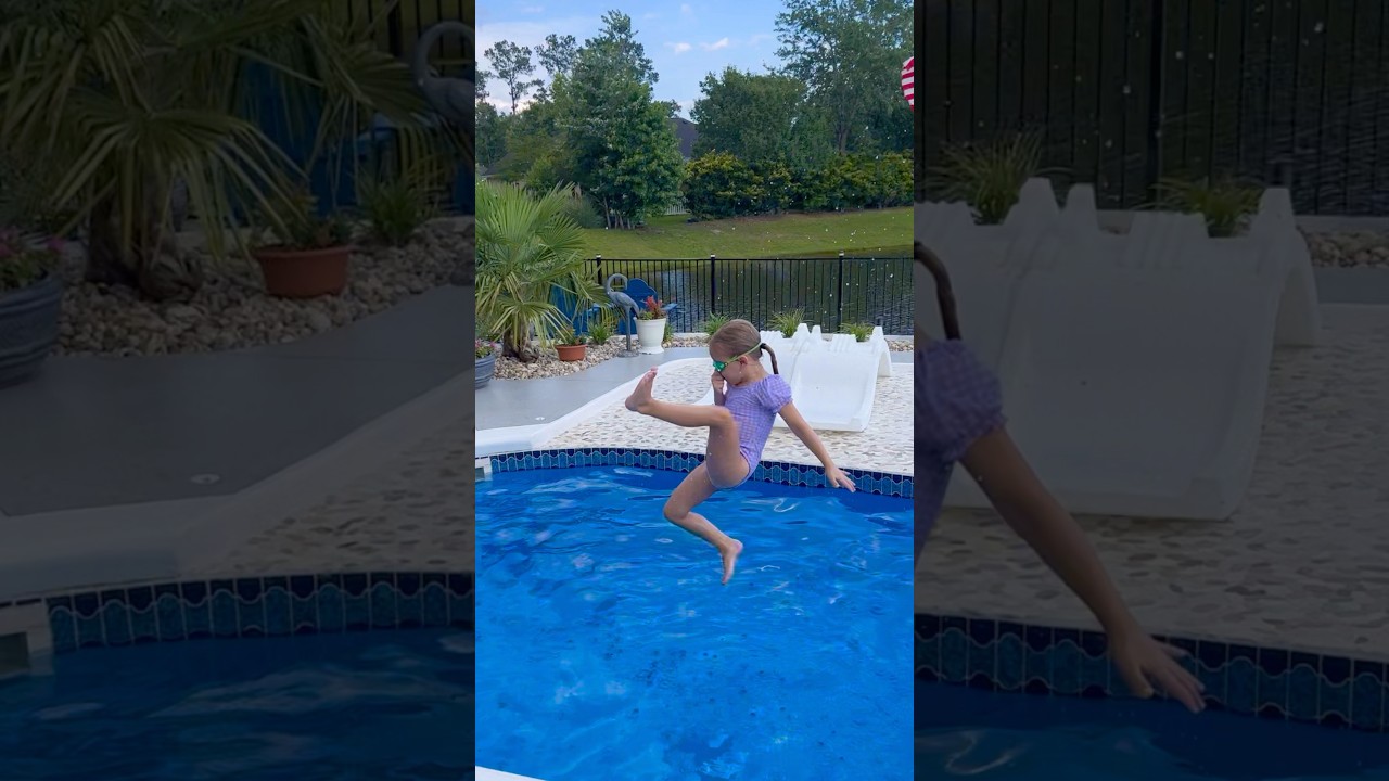 Watch crazy dad launch his adorable daughter into the pool in epic fashion 