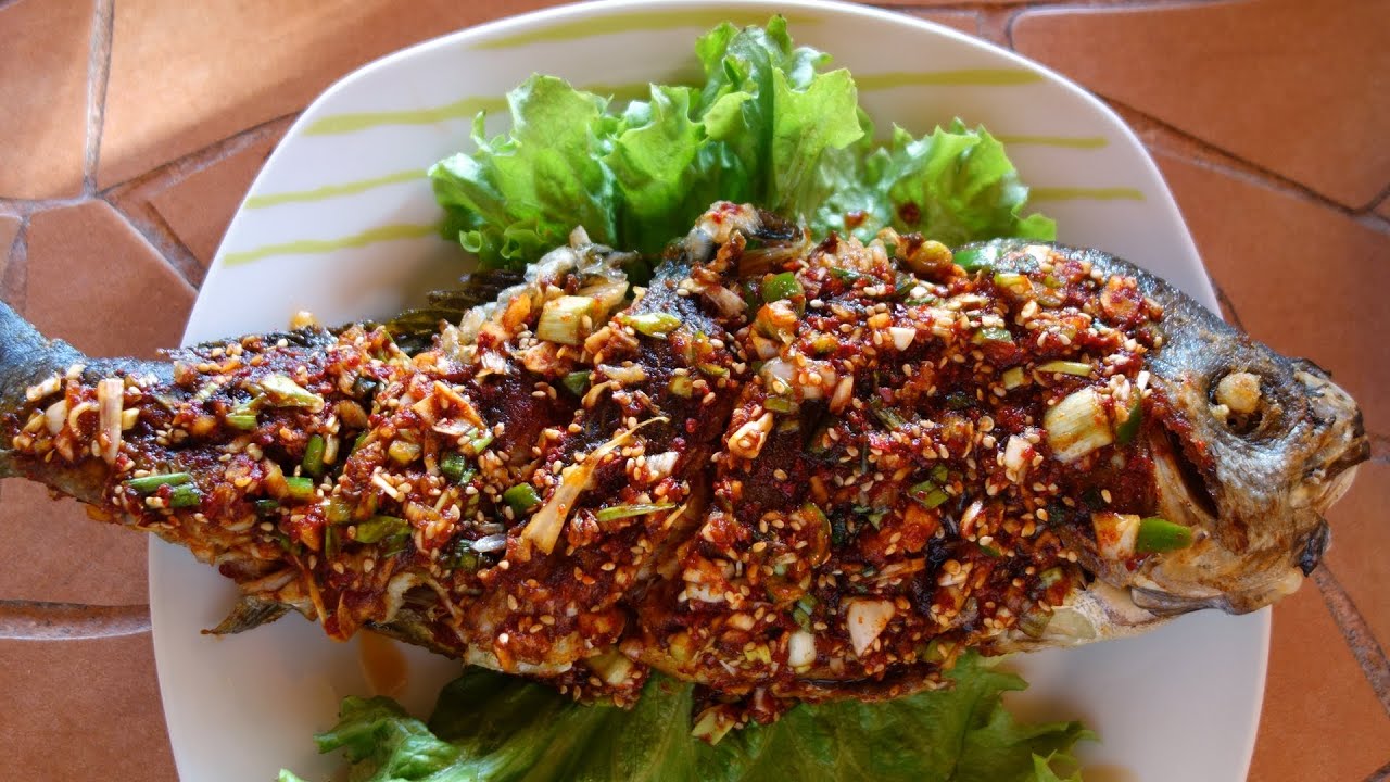 Korean style fried snapper with seasoning sauce/  