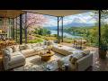Peaceful Spring Jazz in Lakeside Living Room Ambience | Soothing Jazz Piano &amp; Bird Sounds for Unwind