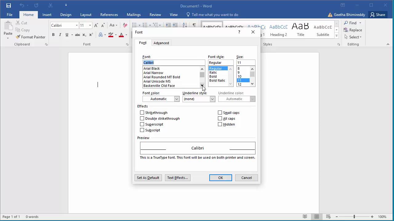 how to change default font in word 365