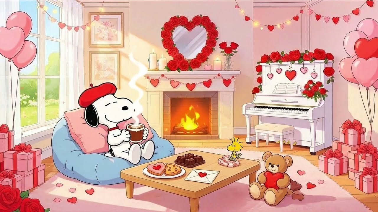 💖 Cozy Valentine Bedroom with Snoopy 🕯️ Soft Cartoon Jazz & Fireplace Ambience