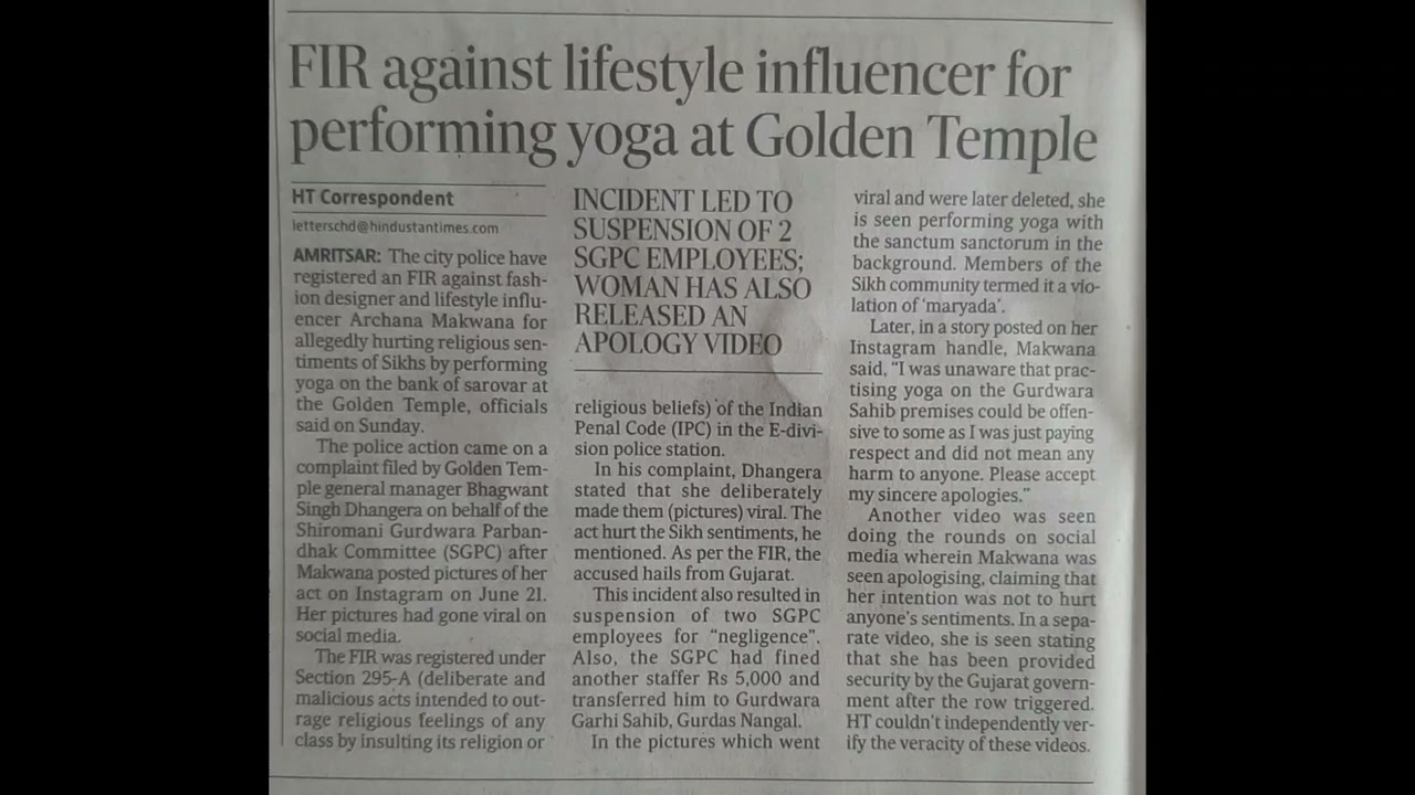 Yoga Girl at Golden Temple; FIR Lodged