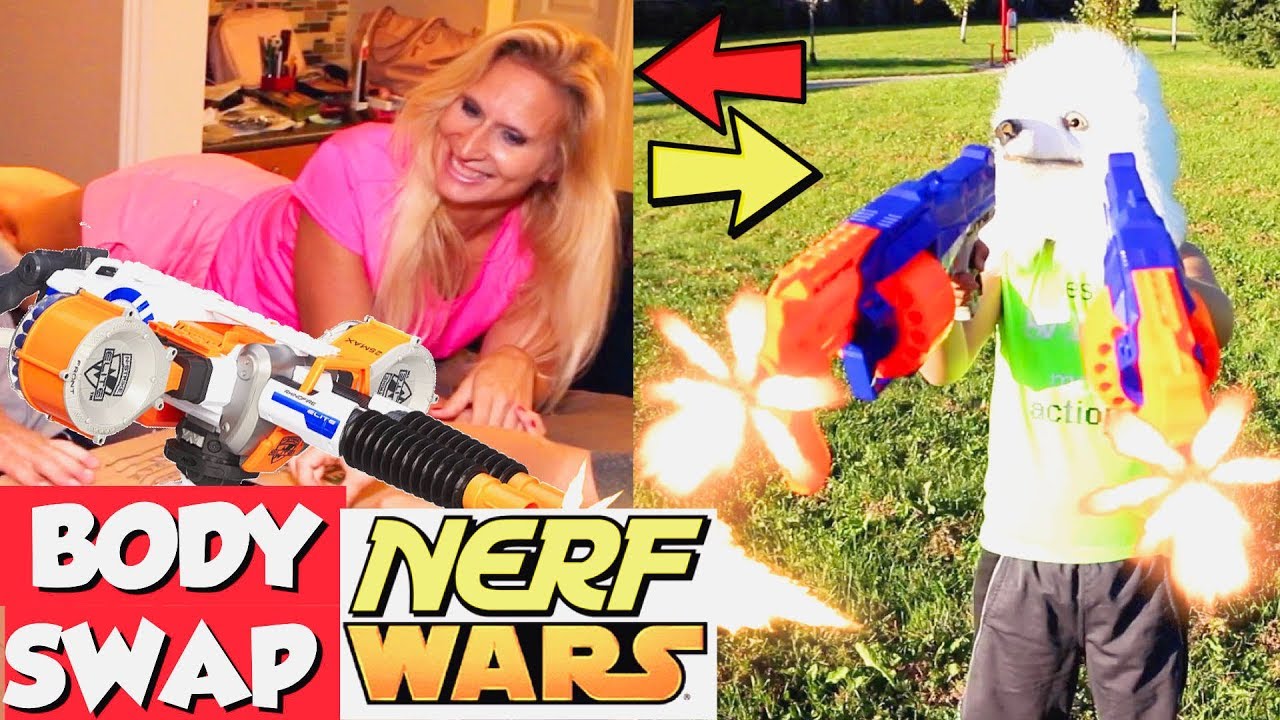 Body Swap (m2f & m2m) Nerf War: Parents Vs Kids - Episode 4: Nerf Gun Battle at Rocket Ship Park