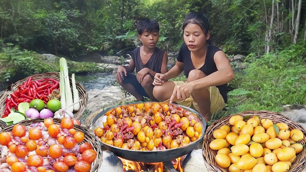 Cooking chicken egg and stomach for food and eating in forest