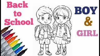 How to Color Easy Boy and Girl Back to School Coloring Pages Learning Fun Art w/ Nursery rhymes Song