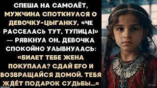 картинка: Спеша на самолёт, мужчина споткнулся о девочку-цыганку. 