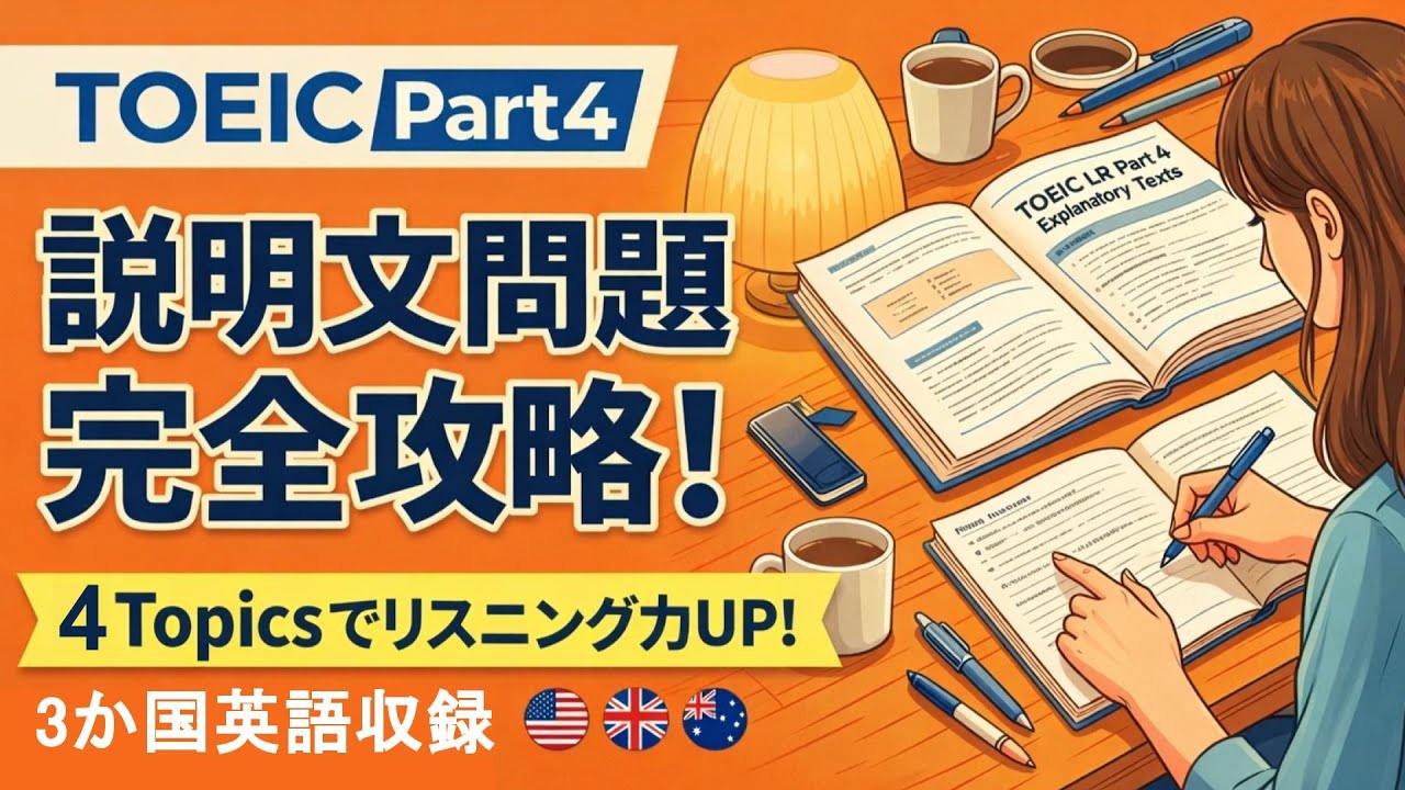 【TOEIC Part 4 Vol.7】説明文問題の模擬問題 3問×4topics リスニング対策
