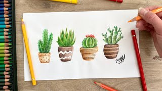 How to Draw Cute Cacti & Succulents with Watercolor and Colored Pencil