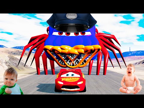 Giant Lightning McQueen Spider Monster VS Lightning McQueen | LIVE | Car Ride Beamng Drive 301