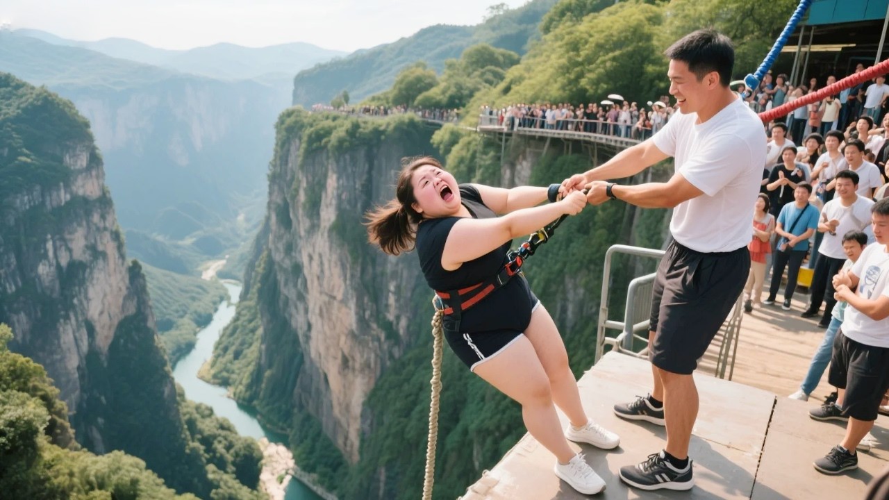Bungee Jumping With Rope In Remote Height: Real Extreme Bungee Jumping