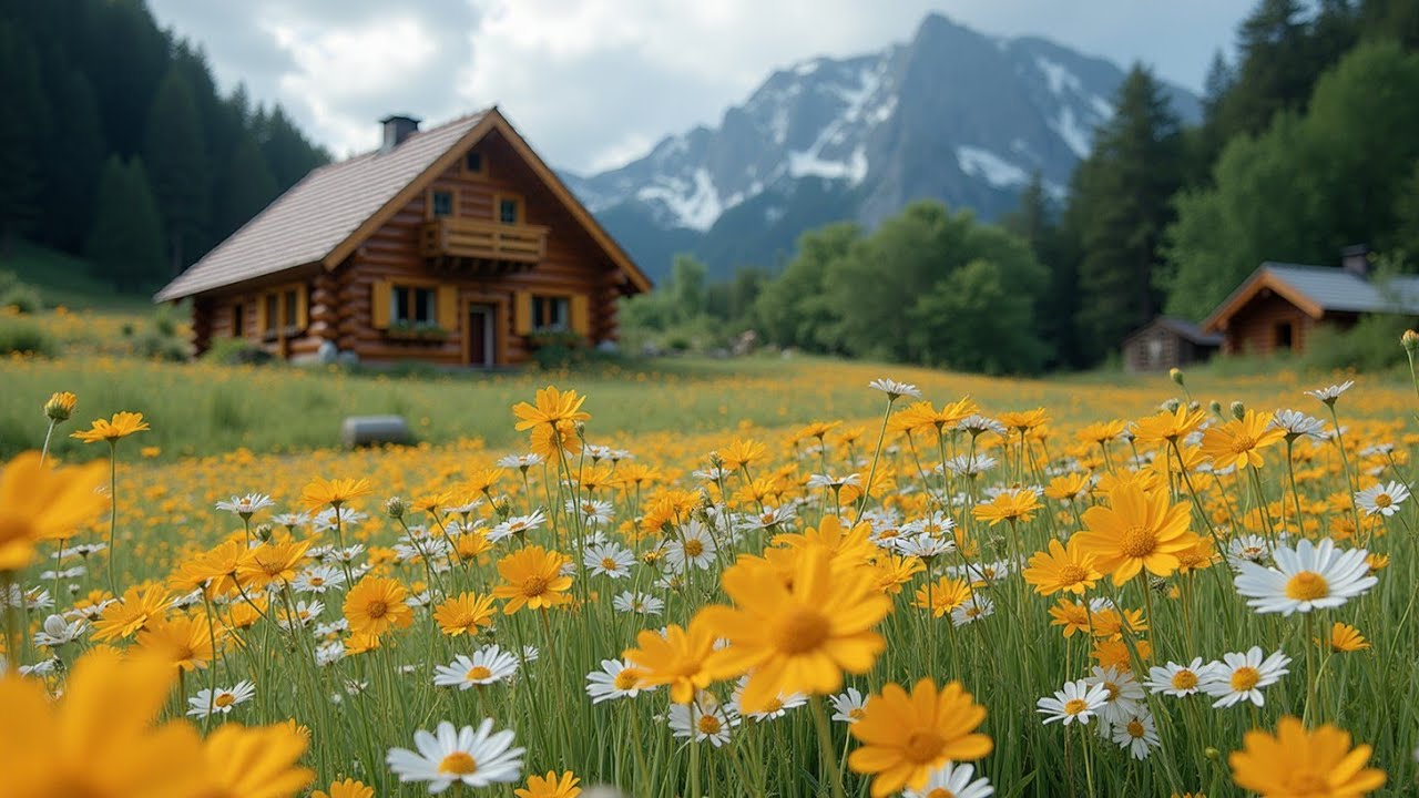 Мягкая Музыка Пиано для Релаксации: Умиротворяющие Виды Гор, Хижины и Спокойного Луга.