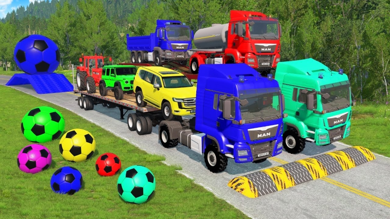 Flatbed Trailer McQueen Transportation with Truck - Speedbumps vs Cars vs Train - BeamNG.Drive #01