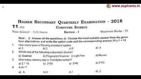 11th Computer Science Quarterly Exam Question Paper 2018-19 | English Medium | Team Aspirants