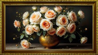 Golden Vase Elegance | Soft Peach Roses in Classical Still Life | Art Screensaver for TV screenshot 1