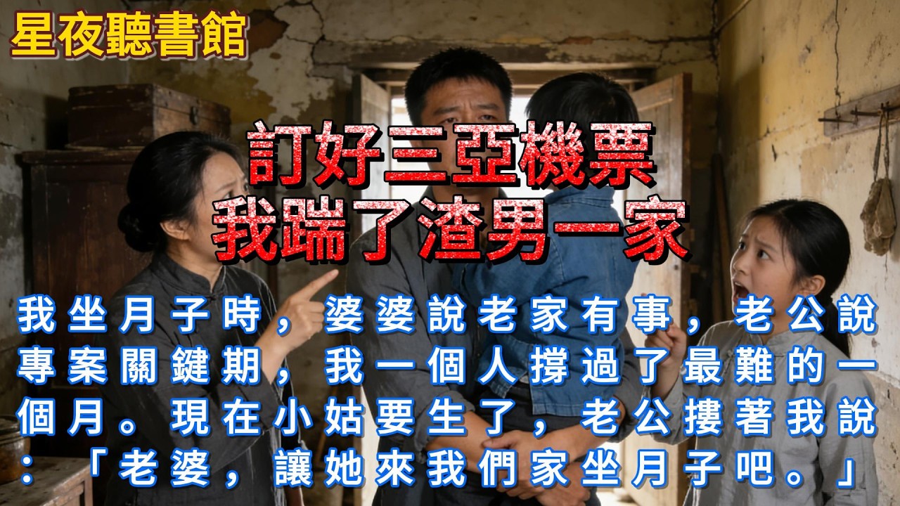 《訂好三亞機票，我踹了渣男一家》我坐月子時，婆婆說老家有事，老公說專案關鍵期，我一個人撐過了最難的一個月。現在小姑要生了，老公摟著我說：「老婆，讓她來我們家坐月子吧。」#爽文 #一口氣看完 #家庭