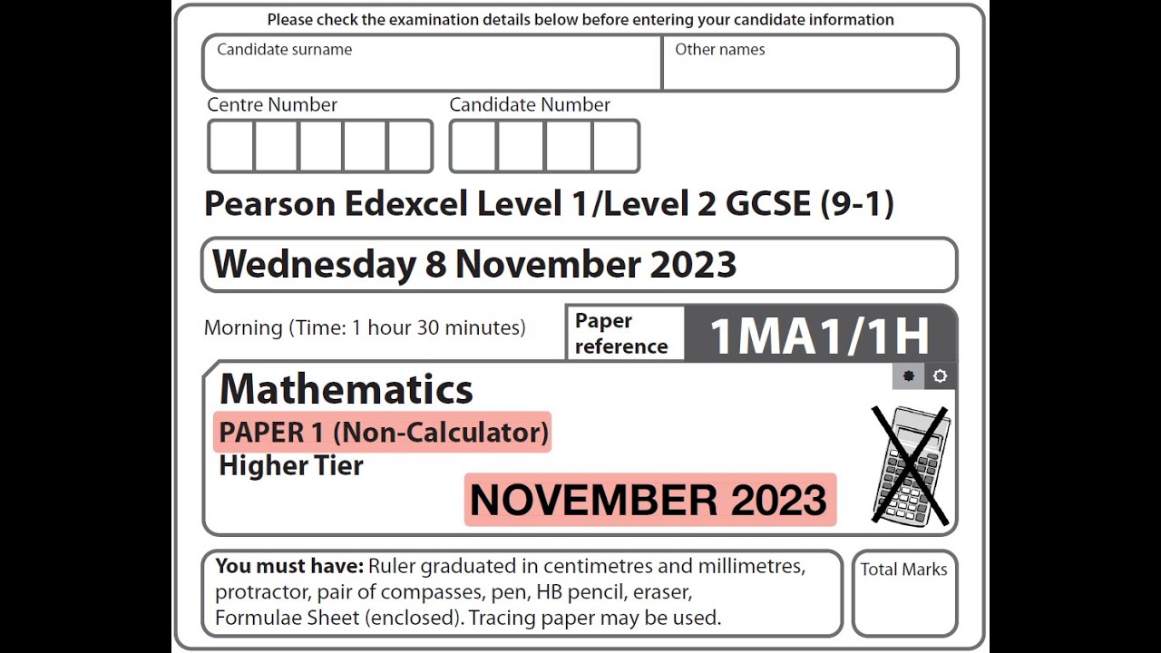 GCSE Mathematics November 2023 - Paper 1H (Non-calculator)
