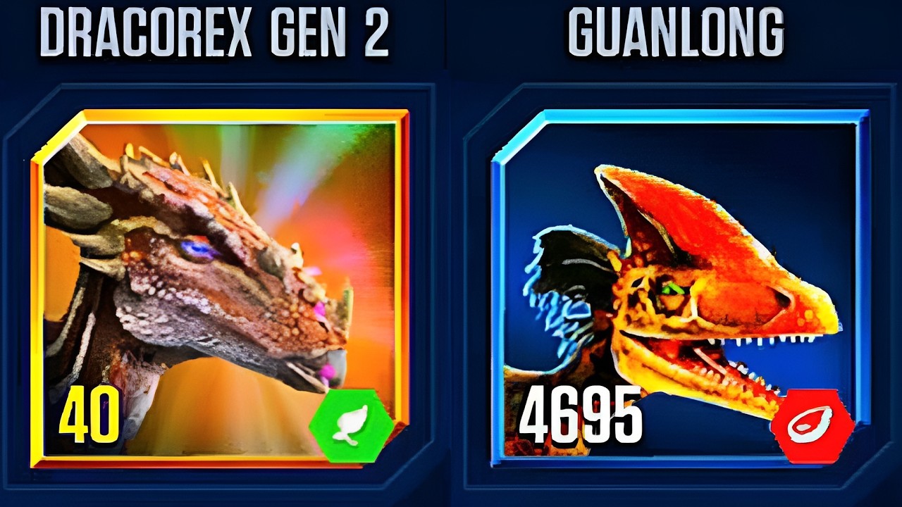 DRACOREX GEN 2 VS GUANLONG AND INDORAPTOR | JURASSIC WORLD THE GAME