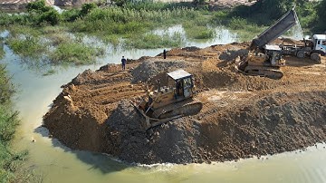 WONDERFUL LONG TRUCK UNLOADING, POWERFUL STRONG PERFECT BULLDOZER KOMATSU D53P PUSH SOIL