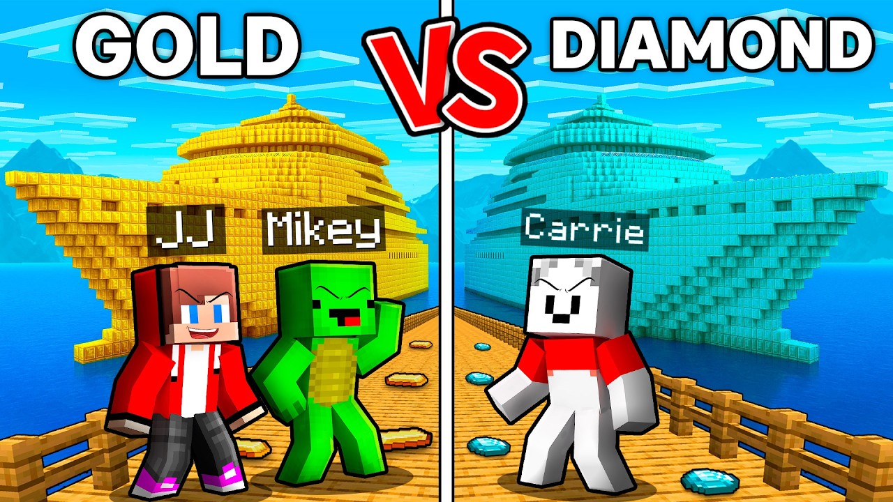 Mikey and JJ GOLD vs Carrie DIAMOND Cruise Ship Battle in Minecraft (Maizen)