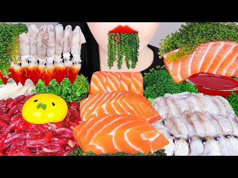 ASMR BABY SQUID, RAW BEEF, SALMON, SEA GRAPES 꼴뚜기, 육회, 연어회, 바다포도 먹방 SEAFOOD MUKBANG EATING SOUNDS