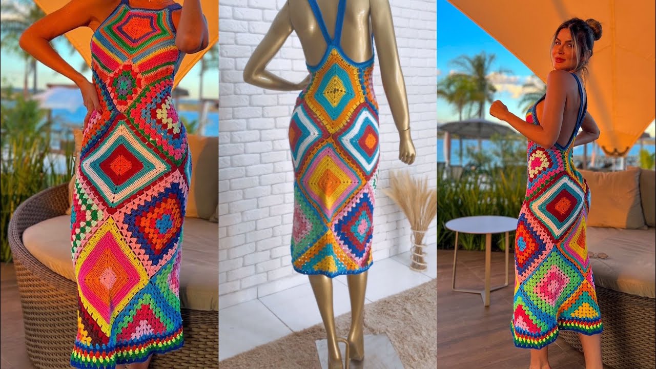VESTIDO MÍDI LOSANGO COLORIDO DE CROCHÊ PASSO A PASSO (parte 2)