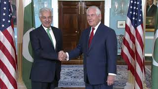 Secretary Tillerson camera spray with Pakistani Foreign Minister Asif