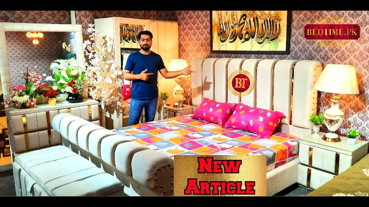 Vertical Lining With Brass Bed Set bedtime.pk l Bed Time Furniture PWD