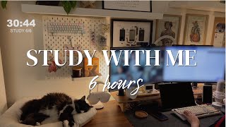 STUDY WITH ME AND MY CATS FOR 6 HOURS | Fireplace + Calm Piano | 50/10 Pomodoro| Hara Studies