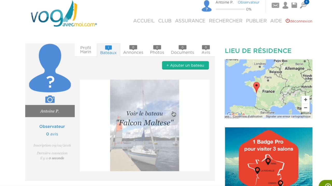 Fiche bateau : insertion d'une photo, recordage, pivot