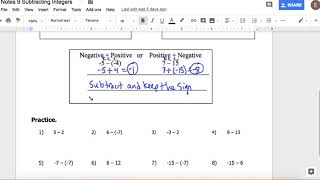 Unit 2 Notes 3 Subtracting Integers