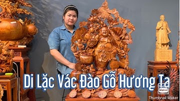 Tác phẩm di lặc đứng vác đào gỗ hương ta - TƯỢNG GỖ XƯỞNG NGUYỄN HỒNG 0789.336318