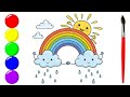 How to draw rainbow clouds with sun  how to draw a rainbow and clouds with raindrops easy